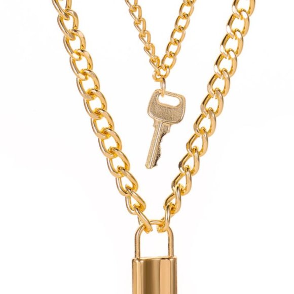 Lock And Key Gold Color Layered Necklace Lock Key Pendant Punk - Picture 2 of 2